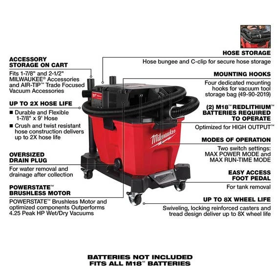 Milwaukee Tools Milwaukee M18 FUEL 9 Gallon Dual-Battery Wet/Dry Vacuum 0920-20 5 Milwaukee Tools Milwaukee M18 FUEL 9 Gallon Dual-Battery Wet/Dry Vacuum 0920-20 - Image 3