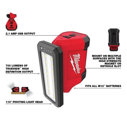 Milwaukee Tools Milwaukee M12 ROVER Pivot Service Flood Light LED 700 Lumens & USB Charging 2367-20 5 Milwaukee Tools Milwaukee M12 ROVER Pivot Service Flood Light LED 700 Lumens & USB Charging 2367-20 - Image 3