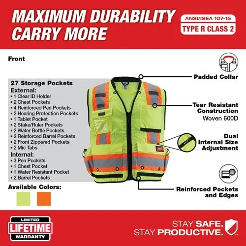 Milwaukee Tools Milwaukee Type R Class 2 Surveyor's High Visibility 27 Pocket Yellow Safety Vest - 48-73-5161 7 Milwaukee Tools Milwaukee Type R Class 2 Surveyor's High Visibility 27 Pocket Yellow Safety Vest - 48-73-5161 - Image 5