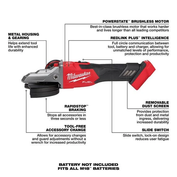Milwaukee Tools Milwaukee M18 FUEL 5" Flathead Braking Grinder W/ Slide Switch, Lock-On (Tool Only) 2887-20 6 Milwaukee Tools Milwaukee M18 FUEL 5" Flathead Braking Grinder W/ Slide Switch, Lock-On (Tool Only) 2887-20 - Image 4