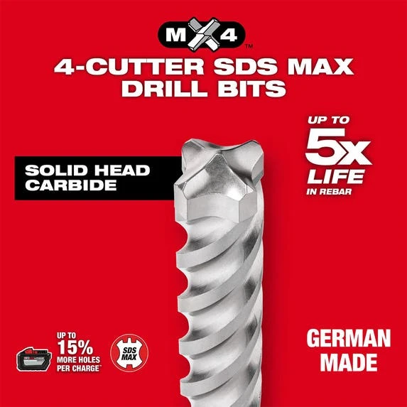 Milwaukee Tools Milwaukee MX4 1-3/8" X 24" X 29" 4-Cutter SDS-MAX Rotary Hammer Drill Bit 48-20-3981 5 Milwaukee Tools Milwaukee MX4 1-3/8" X 24" X 29" 4-Cutter SDS-MAX Rotary Hammer Drill Bit 48-20-3981 - Image 3
