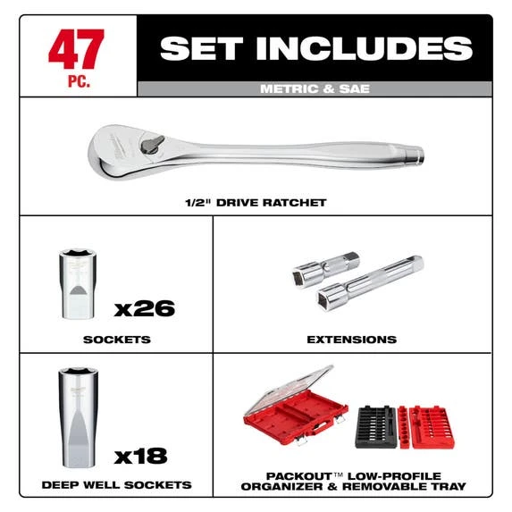 Milwaukee Tools Milwaukee 47pc 1/2" Drive Ratchet & Socket Set With PACKOUT™ Organizer 48-22-9487 7 Milwaukee Tools Milwaukee 47pc 1/2" Drive Ratchet & Socket Set With PACKOUT™ Organizer 48-22-9487 - Image 5