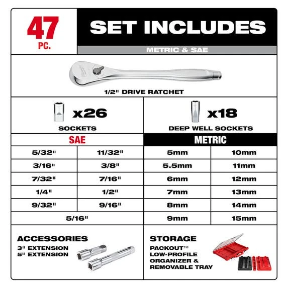 Milwaukee Tools Milwaukee 47pc 1/2" Drive Ratchet & Socket Set With PACKOUT™ Organizer 48-22-9487 8 Milwaukee Tools Milwaukee 47pc 1/2" Drive Ratchet & Socket Set With PACKOUT™ Organizer 48-22-9487 - Image 6