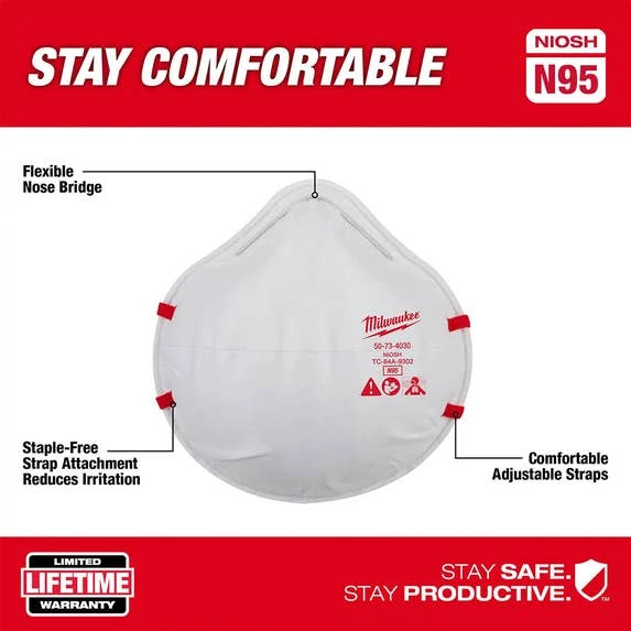 Milwaukee Tools Milwaukee N95 NIOSH Respirator (10 Pack) 48-73-4034 4 Milwaukee Tools Milwaukee N95 NIOSH Respirator (10 Pack) 48-73-4034 - Image 2