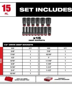 Milwaukee Tools Milwaukee 15Pc. SHOCKWAVE Impact Duty 1/2" Drive SAE PACKOUT Deep Socket Set 49-66-6802 -Milwaukee Tool-shop 49 66 6802 5