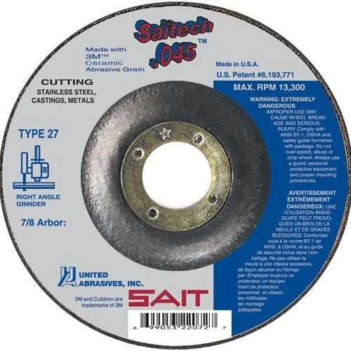 United Abrasives SAIT 4-1/2" Type 27 Cut-Off Wheel SAITECH 22072 3 United Abrasives SAIT 4-1/2" Type 27 Cut-Off Wheel SAITECH 22072